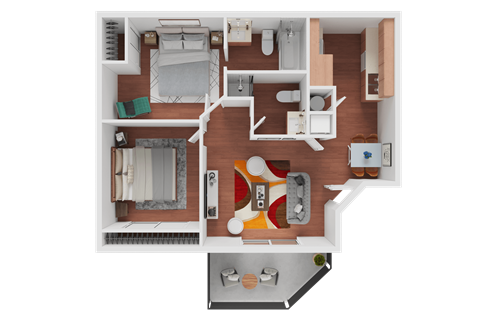 Floor plan for 2 beds, 2 baths, 641 sqft